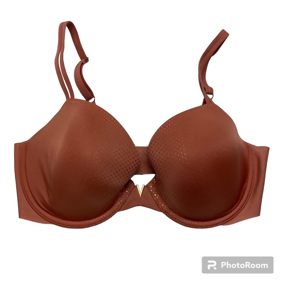 Victorias Secret Lined Demi Bra 34D Underwire Orange Satin Gold Polka Dot